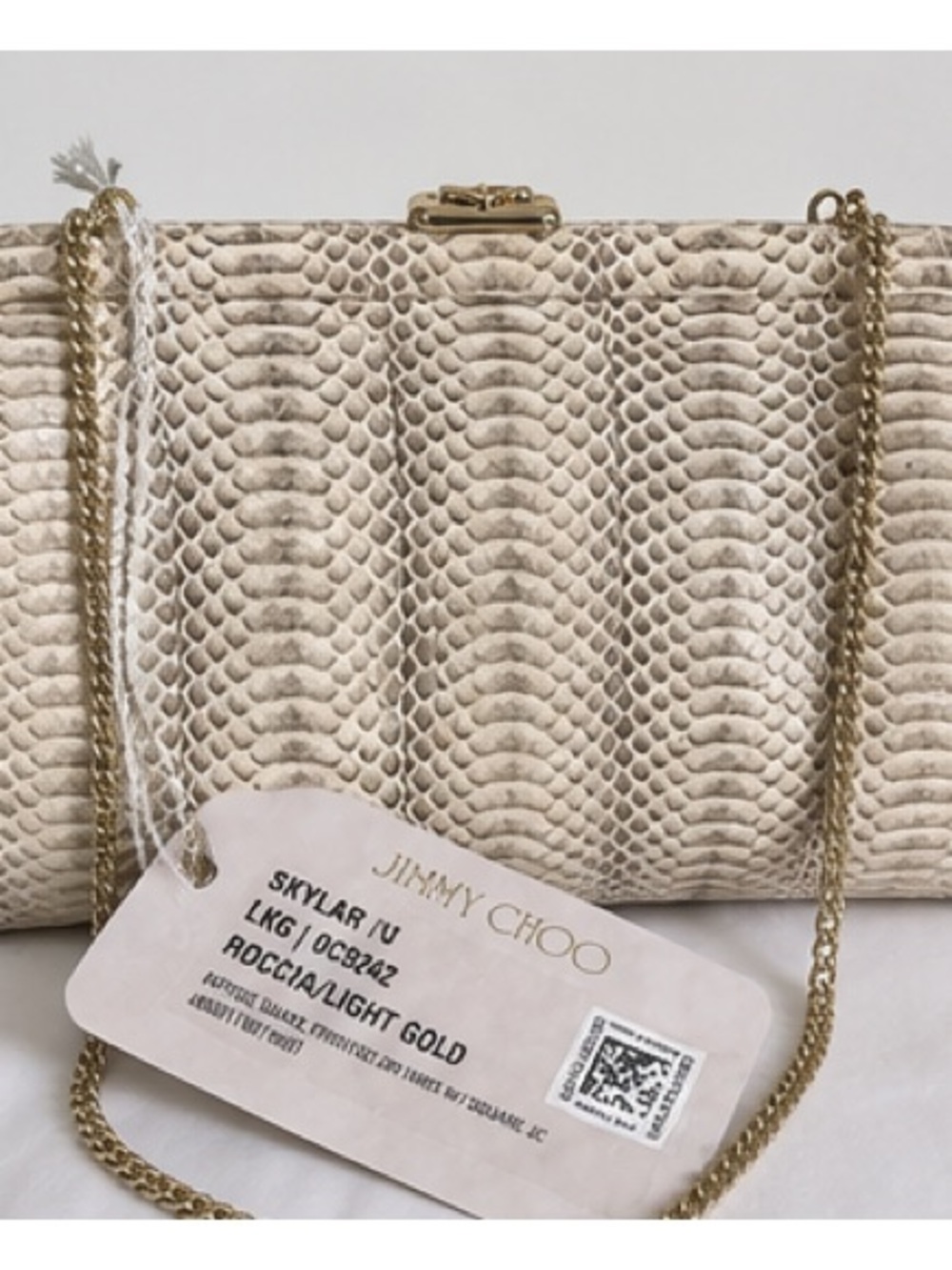 NEW $1390 Jimmy Choo Gold Textured Chain snake clutch multi way leather bag.